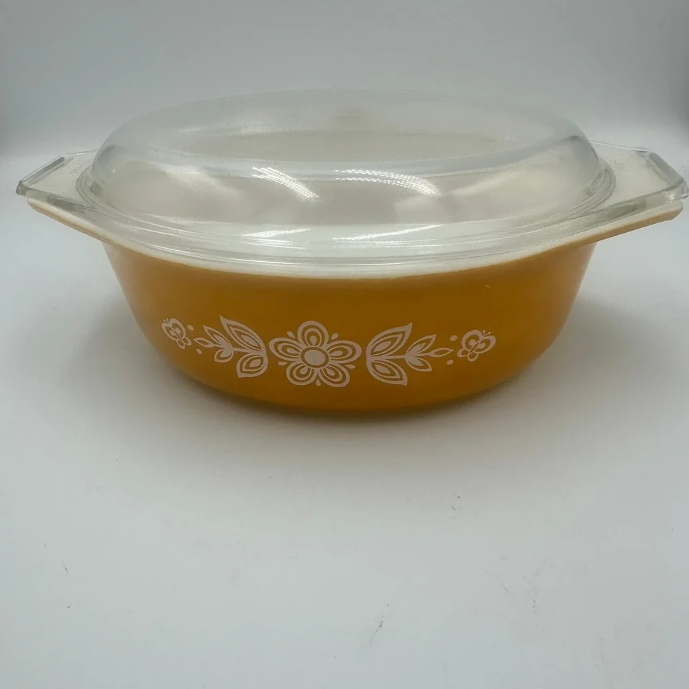 VTG MCM Pyrex Casserole Dish 1.5qt Gold Butterfly Gold 043 Oval Baking Dish Lid